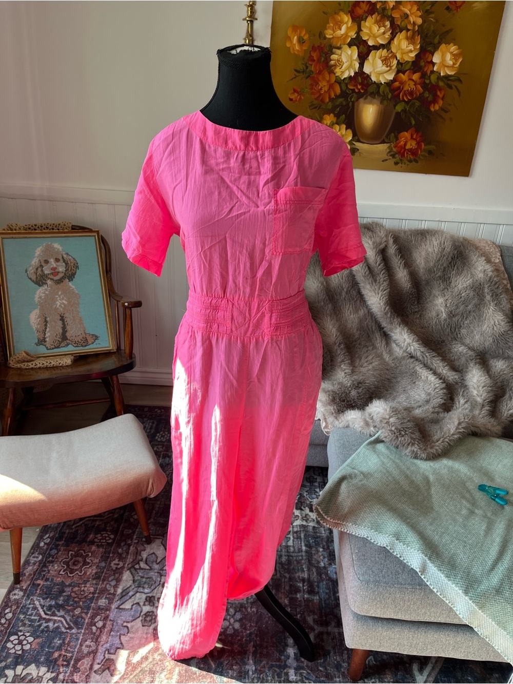 Women’s Vintage 100% Silk Bright Pink Jumpsuit Onepiece Size L